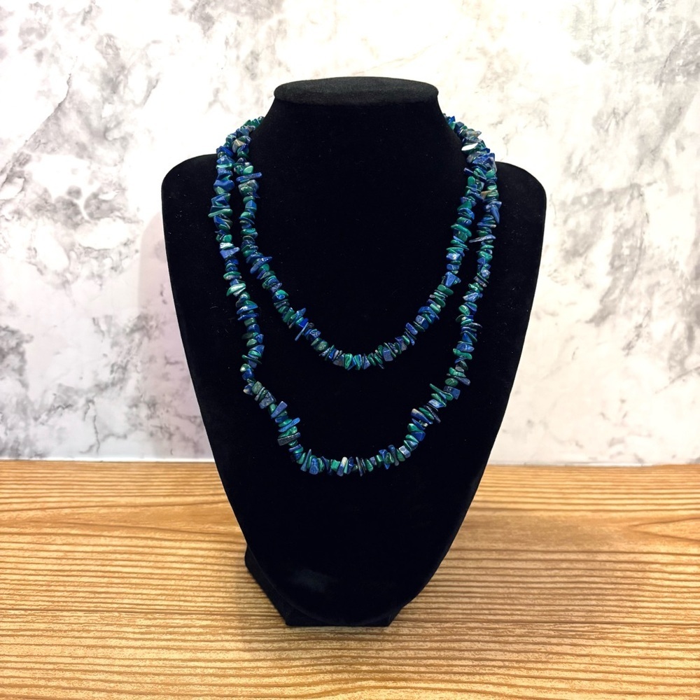 Vintage Lapis Lazuli and Malachite Chip Semiprecious Stone Necklace Long